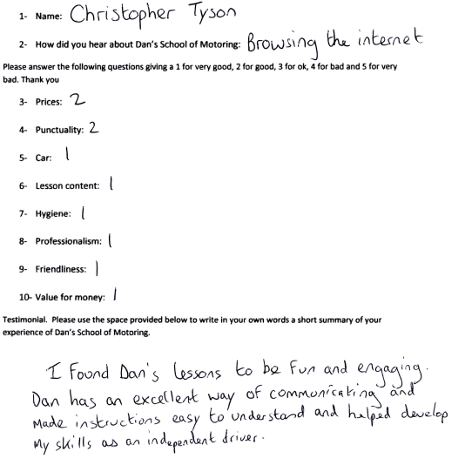 Christopher's Review: I found Dan's lessons to be fun and engaging. Dan has an excellent way of communicating and made instructions easy to understand and helped develop my skills as an independent driver.
