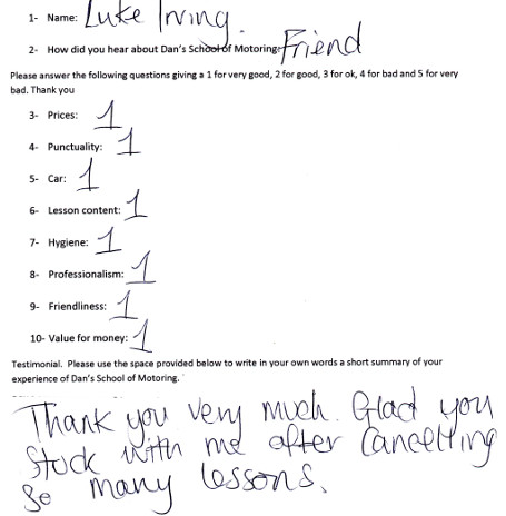 Luke's Review: Thank you very much. Glad you stuck with me after cancelling so many lessons.