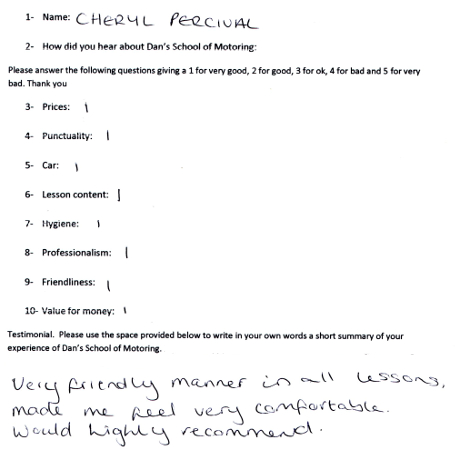 Cheryl's Review: Very friendly manner in all lessons, made me feel very comfortable. Would highly recommend
